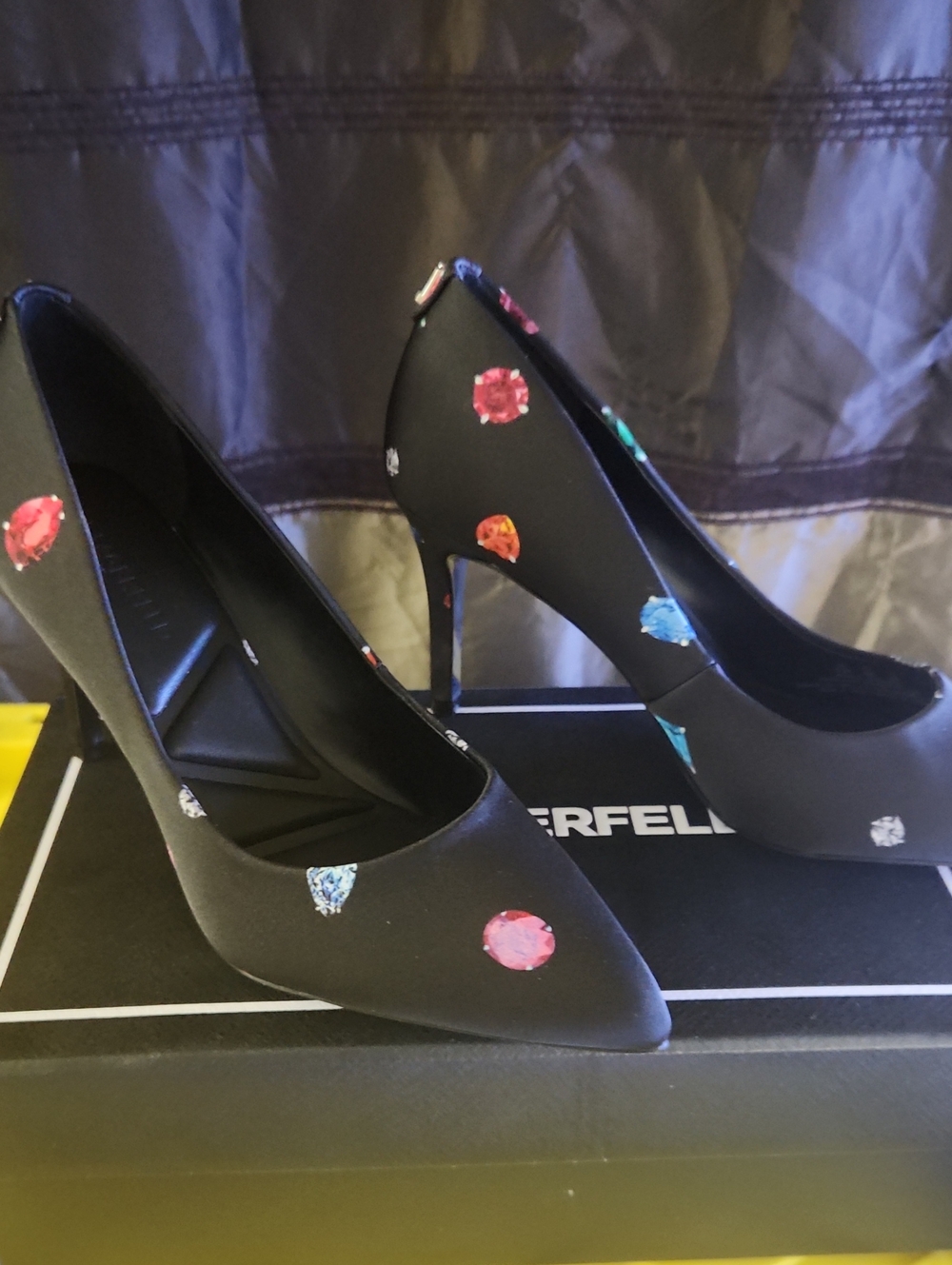 Karl Lagerfeld Black Pointed-Toe Stiletto Pumps with Multicolored Gem Accents